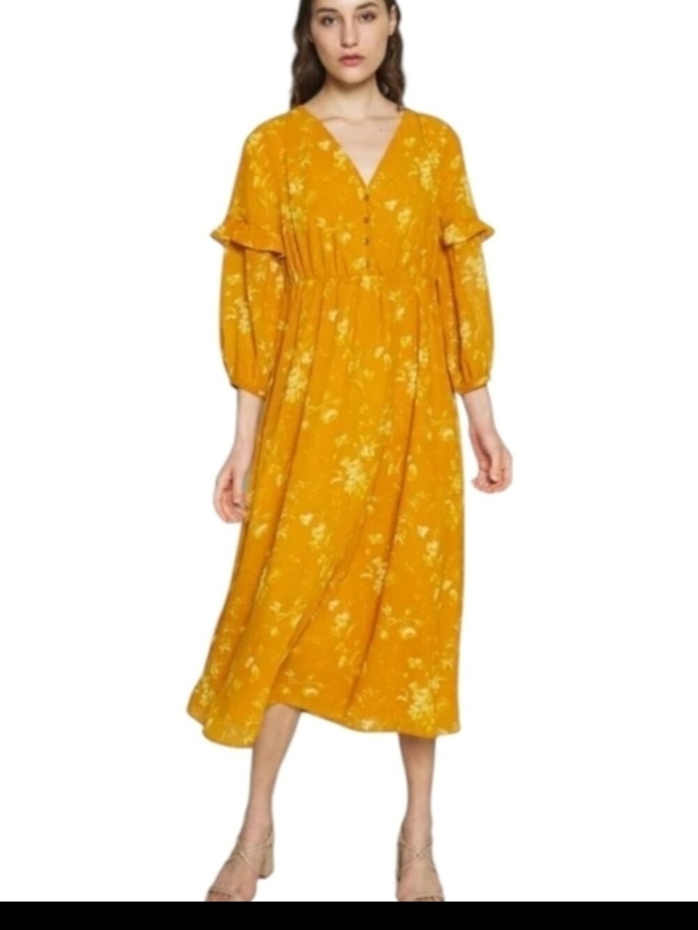 Madewell Yellow Buttoned V Neck Long Midi Boho Bishop Ruffled Sleeves Dress Sz 4